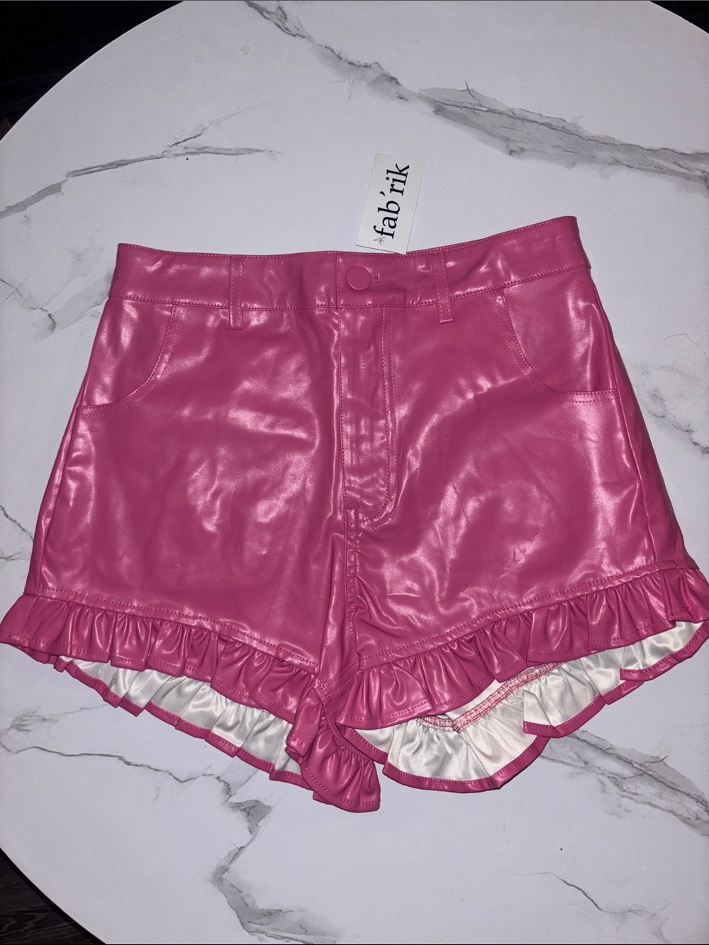 fab'rik Hot Pink Faux Leather High-Waist Ruffle Shorts
